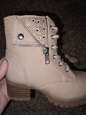 Kids Blush Pink Lace-Up Ankle Boots with Decorative Zipper
